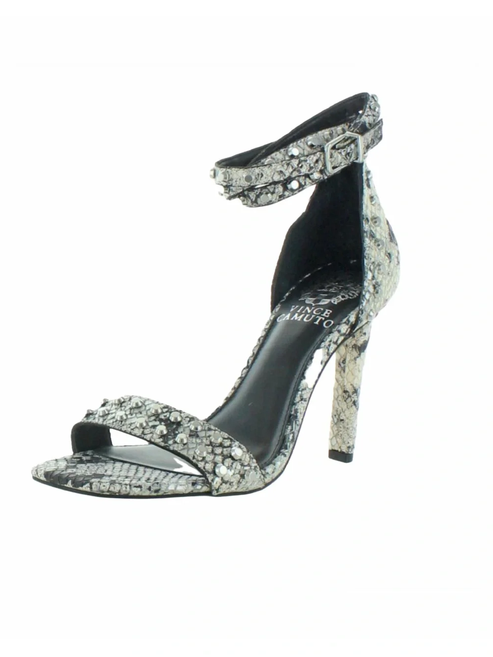 Vince Camuto Crystal-Embellished Silver Snake-Print Ankle-Strap Heel